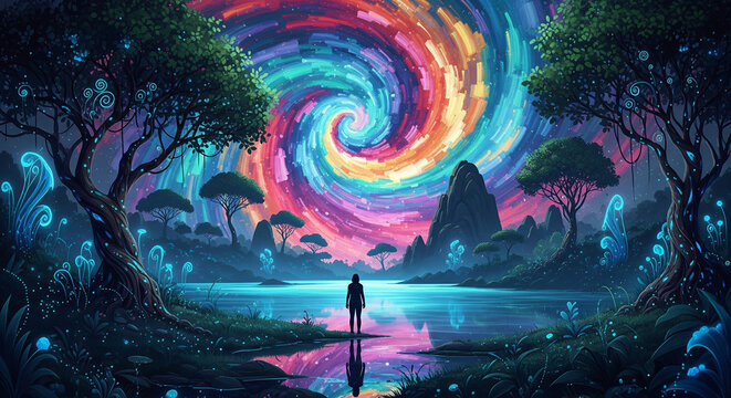 Vibrant Dreamscape: Psychedelic Art, Fantasy Forest, Colorful Spiral, Reflection, Magical Scene