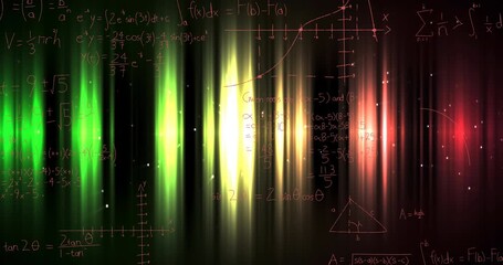 Mathematical equations and diagrams against colorful light trails on black background - Powered by Adobe