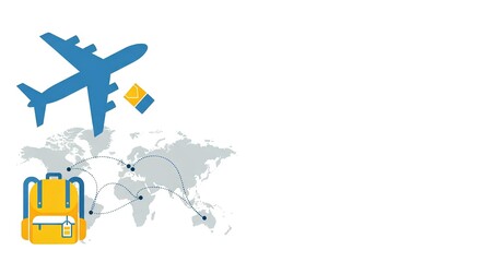 Global travel and delivery concept with airplane, backpack, and world map