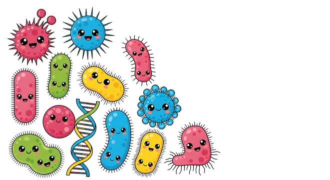 Set of adorable kawaii germ characters. Cute cartoon bacteria, viruses, and microbe illustrations with friendly faces and a DNA helix