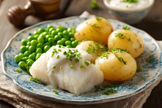 Close-up of traditional Scandinavian lutefisk served with boiled potatoes, green peas, and white sauce.