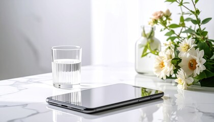 Minimalist desk scene a phone, clear glass of water, and flowers in a vase on a white marble surface. Bright light