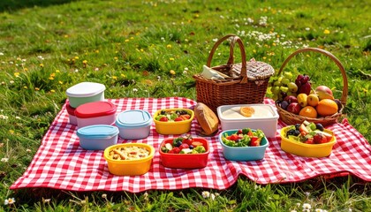 Picnic spread on red-white checkered blanket in sunny meadow, including food in colorful containers & wicker baskets