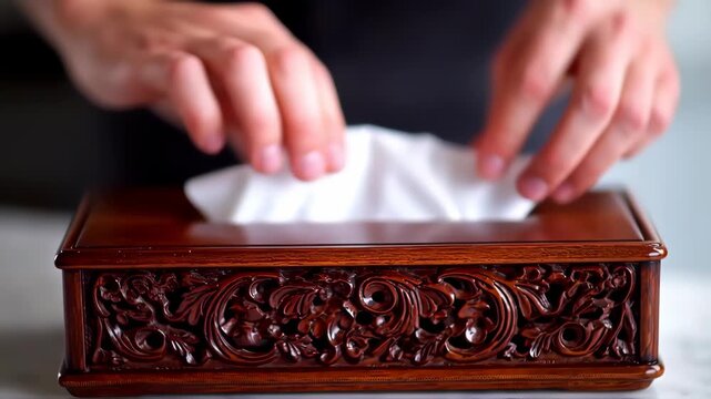 Ornate Wooden Tissue Box with a Hand Reaching In
