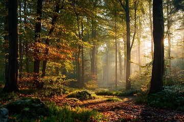 Obraz premium 16. Peaceful autumn forest glade with scattered leaves, golden light streaming through the canopy 
