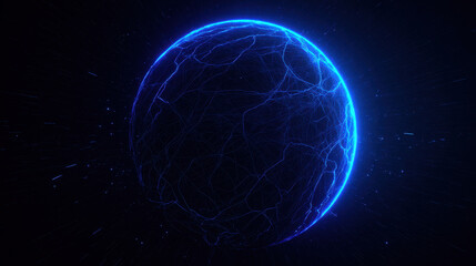 Obraz premium Glowing blue planet surrounded by dynamic light trails creates captivating cosmic scene. vibrant energy and intricate patterns evoke sense of wonder and exploration in universe