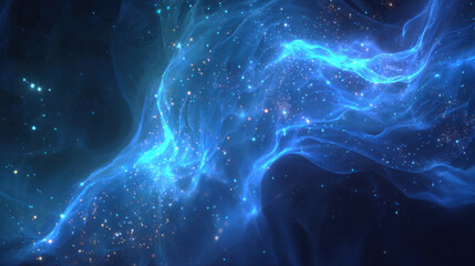 Mesmerizing cosmic scene featuring swirling blue and turquoise nebulae illuminated by countless stars, creating sense of wonder and vastness in universe