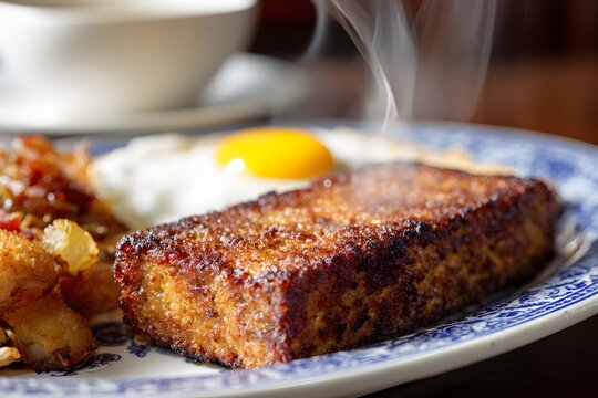 Close-up of fried scrapple on porcelain dish served with sunny-side-up egg and hash browns.