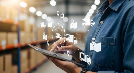 Manager using a digital tablet with augmented reality icons to control the supply chain, symbolizing the 'concept of' global logistics and smart warehouse management