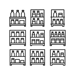 Obraz premium Simple Line Art Illustration of Multiple Shelves with Food and Drink Items.