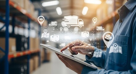 Conceptual image of a supply chain manager using a tablet with a digital interface for smart warehouse logistics, inventory control, and global distribution tracking