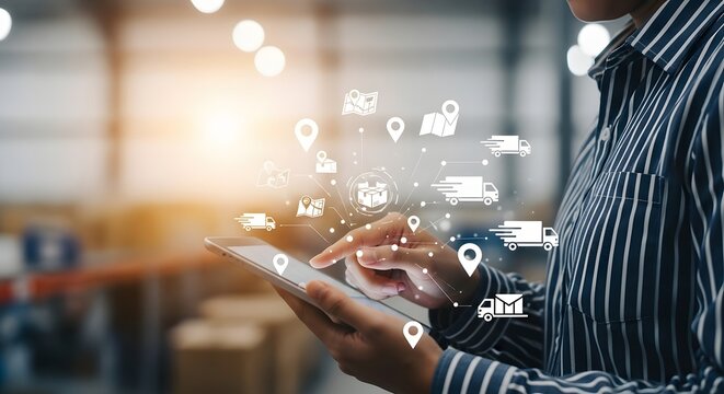 Optimizing the global supply chain network with a digital tablet, visualizing the future of intelligent logistics and distribution management