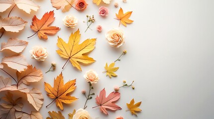 Decorative autumn background with copy space with leaves and flowers in pastel colors.