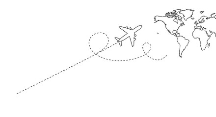 Conceptual illustration of international travel and tourism, showing an airplane's dotted flight path across a world map