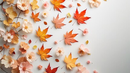 Decorative autumn background with copy space with leaves and flowers in pastel colors.