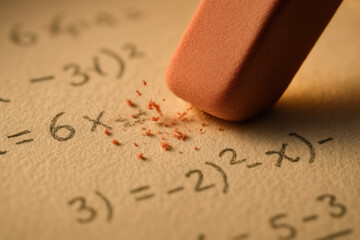 Pink Eraser Correcting a Mathematical Equation on Textured Paper, Close Up