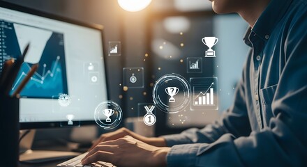 Concept of business achievement and professional success, with a person analyzing performance data and receiving virtual trophy awards