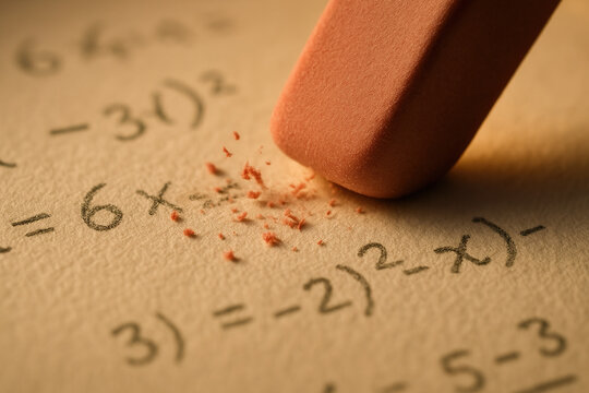 Pink Eraser Correcting a Mathematical Equation on Textured Paper, Close Up
