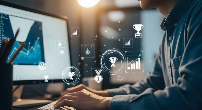 Concept of business achievement and professional success, with a person analyzing performance data and receiving virtual trophy awards