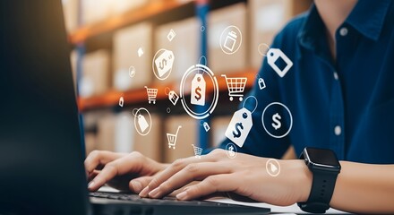 Business owner managing an online store with a laptop, using digital e-commerce icons for retail and supply chain management