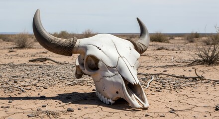 Fototapeta premium Large White Buffalo Skull with Curved Horns Lying on Dry Desert Ground under Clear Sky