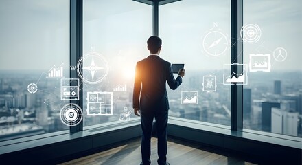 Concept of business technology and digital transformation, a manager oversees the cityscape from a modern office