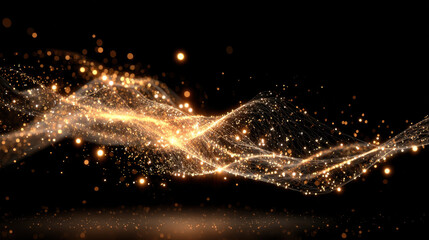 Mesmerizing display of golden particles and flowing light creates ethereal atmosphere, evoking sense of wonder and magic. shimmering waves of light dance gracefully against dark background