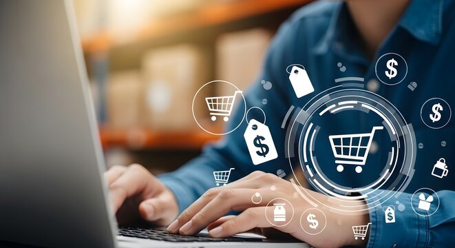 Concept of online shopping and e-commerce business management with a person using a laptop and a virtual interface of retail icons