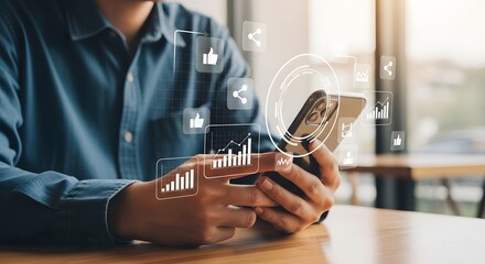 Businessman analyzing social media data on a smartphone with holographic interface overlays showing graphs, likes, and share icons for digital marketing