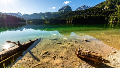 A serene, crystal-clear mountain lake reflects the surrounding lush forest and jagged peaks under a bright, sunny sky with logs on the sandy shore