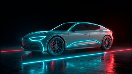 Fototapeta premium Futuristic electric car illuminated in neon lights in a dark studio setting showcasing advanced automotive design