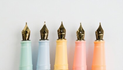 A set of colorful pastel fountain pens stands on a white background, showcasing the nibs and gentle shades of blue, yellow, and pink
