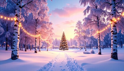 Winter park scene with snow-covered trees lit with string lights, path to a Christmas tree under a pink and blue sky