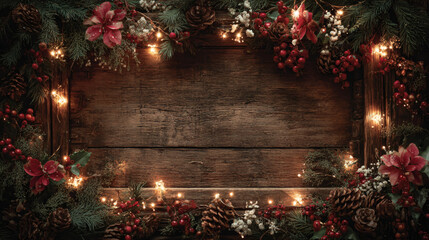 Christmas background a wide-screen frame backdrop with festive garland lights --ar 16:9 --s 250 --c 20