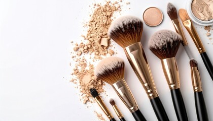 Top-down close-up of an assortment of makeup brushes and loose powder, arranged diagonally on a bright white background with ample negative space