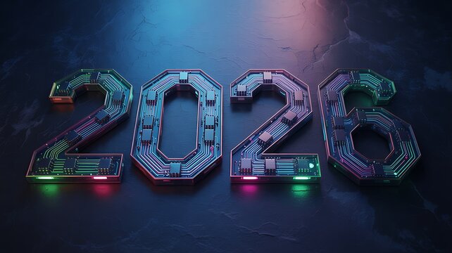Celebrate the future with this stunning 2026 digital design featuring illuminated circuit board numbers and vibrant neon lights, perfect for tech-focused projects and New Year celebrations.