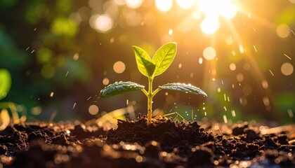 Sprout growing in soil with bright sunlight, a close-up view of a new plant emerging, symbolizing growth and hope in a natural setting