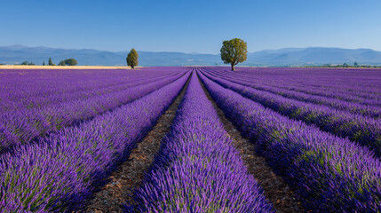 Naklejka premium Lavender field stretches across landscape, showcasing vibrant purple rows under clear blue sky. Two trees stand tall in distance, enhancing serene beauty of this tranquil scene