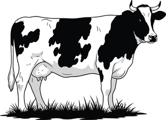 Black and white dairy cow standing on grass, farm animal illustration, livestock vector drawing, milk cow side view - flat vector illustration