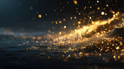 Naklejka premium Shimmering golden particles dance in air, creating magical atmosphere. soft glow reflects off dark background, enhancing enchanting beauty of this mesmerizing scene