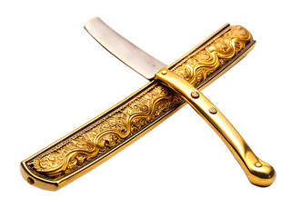 Gold ornate straight razor barber tool for luxury shaving isolated on white background ,PNG AI Generated.