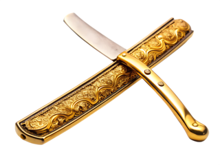 Gold ornate straight razor barber tool for luxury shaving isolated on white background ,PNG AI Generated.