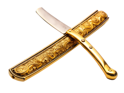 Gold ornate straight razor barber tool for luxury shaving isolated on white background ,PNG AI Generated.