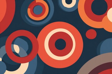 Overlapping concentric circles in muted reds, oranges, and blues on a dark background