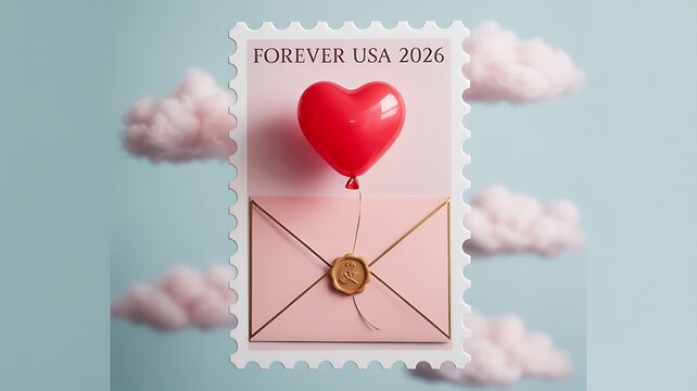 Express heartfelt sentiments with a charming pink envelope, a floating red heart balloon, and a wax seal, all framed within a vintage postage stamp design against a dreamy sky backdrop.
