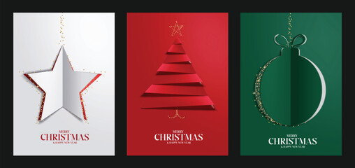 Merry Christmas greeting card poster clipart set. Christmas and new year wishes card template clip art with glitter paper cut decoration elements like white star, red pine tree and green xmas ball