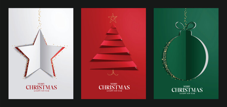 Merry Christmas greeting card poster clipart set. Christmas and new year wishes card template clip art with glitter paper cut decoration elements like white star, red pine tree and green xmas ball - Powered by Adobe