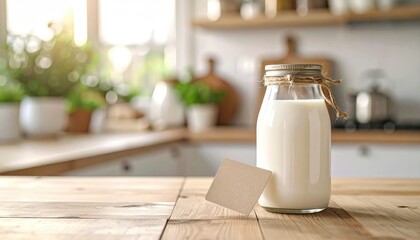 A glass bottle of white milk sits on a wooden table, with a blank card and blurred bright kitchen backdrop filled with plants