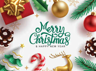 Merry Christmas greeting card clipart. Merry Christmas and happy new year text with xmas elements and ornaments decoration background clip art for holiday season poster card template vector 