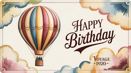 Embark on a vintage birthday adventure with this stunning hot air balloon design, perfect for invitations or celebrations evoking a sense of wonder and joyous travel.